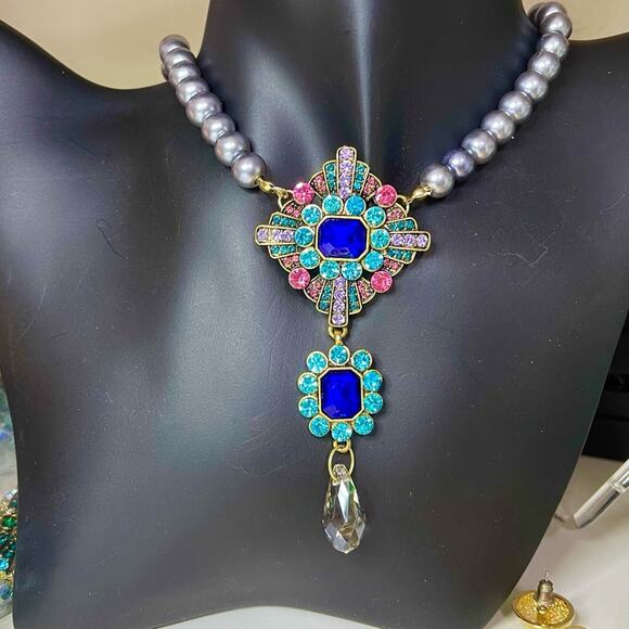 NEW Necklace Blue Rhinestone Drop Dangle Chunky Statement Costume Jewelry JU11 - Picture 1 of 6